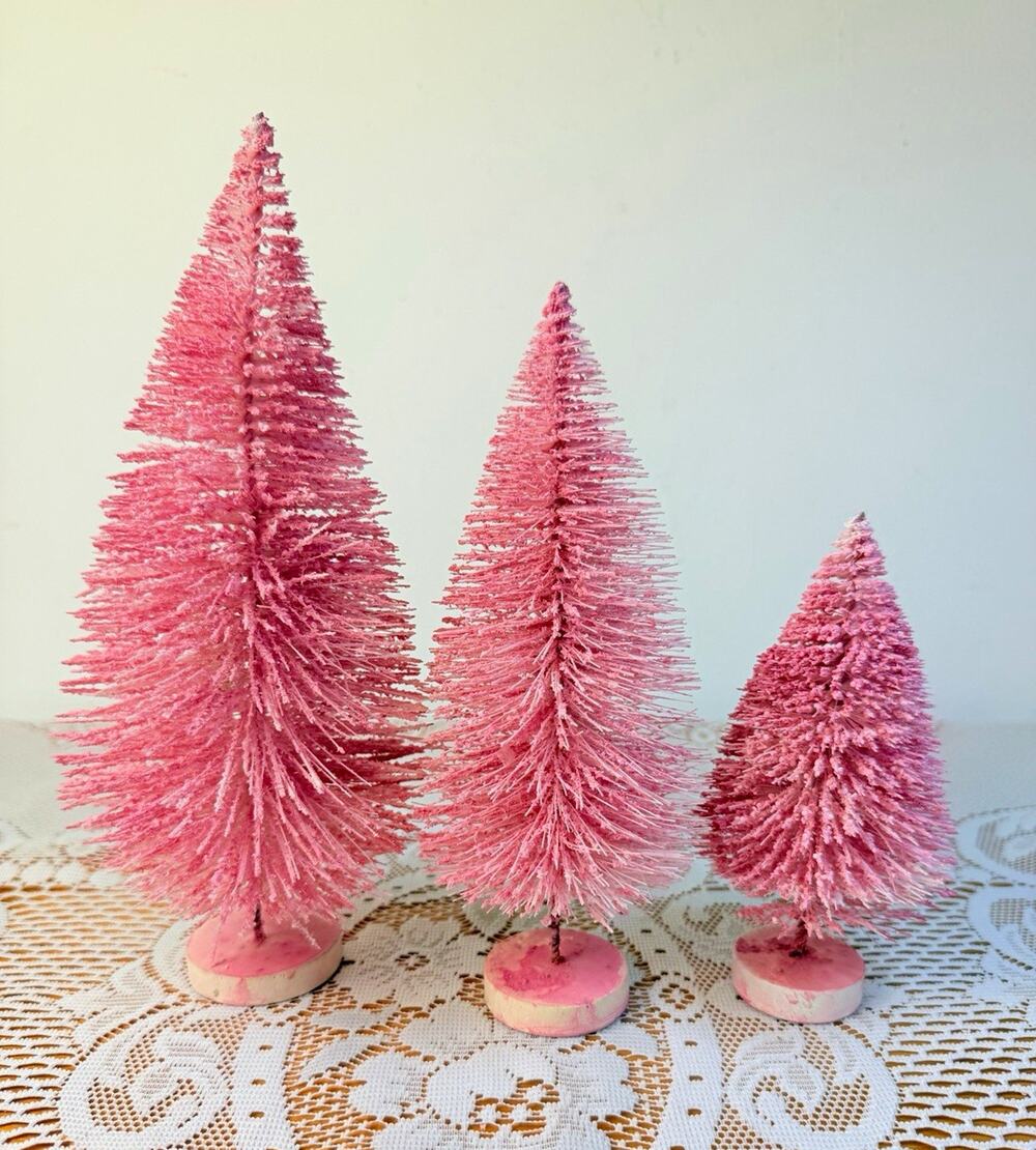 Set of 3 Pink & White Bottle Brush Christmas Trees Wood Bases Table Decor